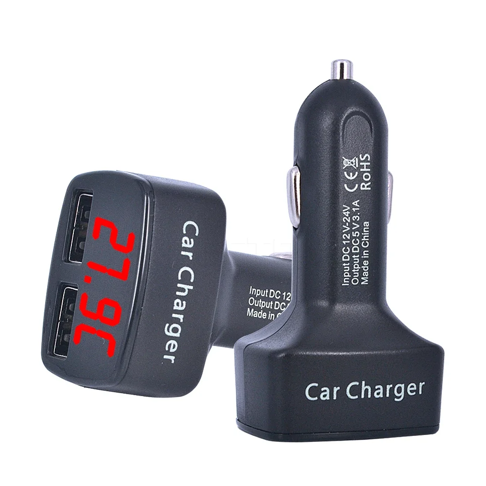 4 in 1 Dual USB Output Car Charger Phone Power Adapter Digital Voltmeter Current Tester Thermometer Display 3.1A Universal
