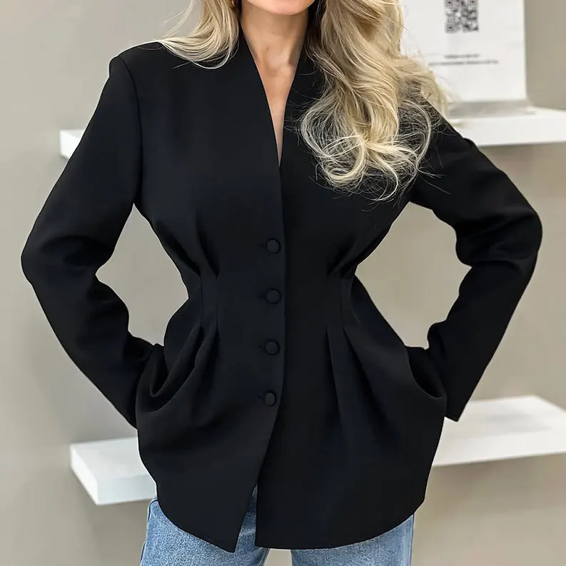 

Elegant V-neck Tunics Black Suit New Women's Long Sleeve Single Breasted Slim Blazers Ruched Outerwear Streetwear Blazer Women