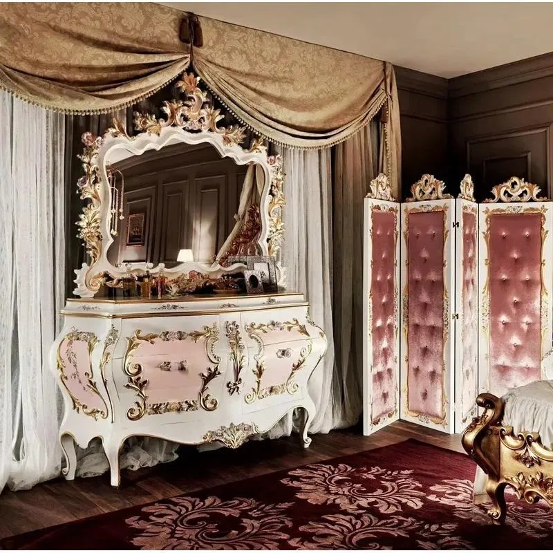 Classic Solid Wood Floor Dresser with Mirror Luxury Carved Flower Antique Style Vanity Table