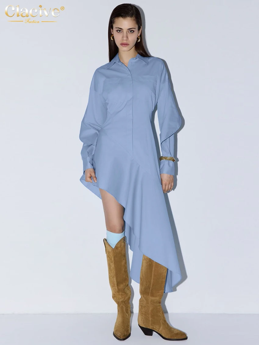 

Clacive Fashion Loose Blue Cotton Women Dress 2025 Casual Lapel Long Sleeve Midi Dresses Elegant Classic Irregular Female Dress