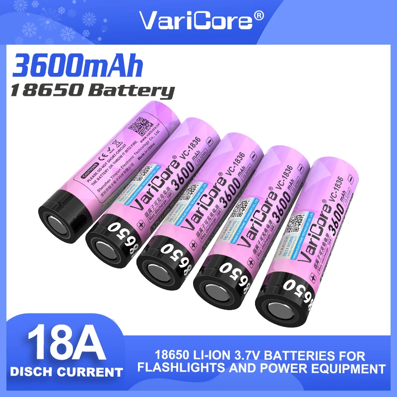 VariCore VC-1836 3.7V Li-Ion 18650 Baterai Lithium 3600MAh Baterai Isi Ulang 18A Saluran Tinggi untuk Lampu Senter Vaping