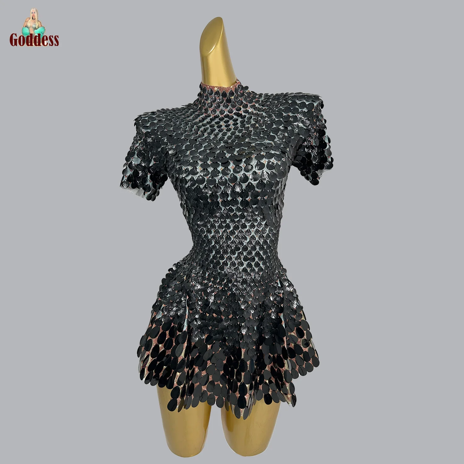 Sparkly Shell Sequins Mini Dress Stage Show Dress for Women Bar Party Celebriate Birthday Sexy Nightclub Preformance Dance Dress