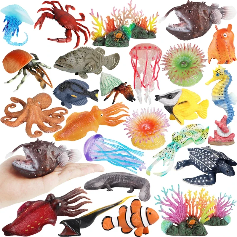 Estatuilla de animales marinos del océano realista, modelo de anguilas, Globefish, Coral, pulpo, calamar, Stingray, Monkfish, vida marina, figura de acción, juguete para niños