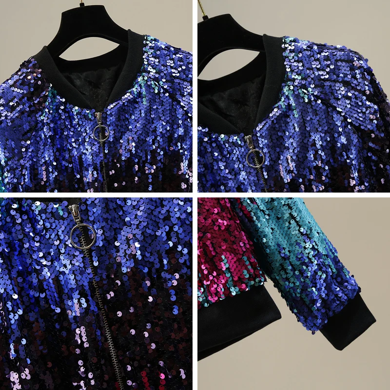 Sequins Jacket Women Coat Streetwear Colorful Bling Shiny Club Stage Punk Style Basic Rainbow Bomber Jackets Zipper Outwear