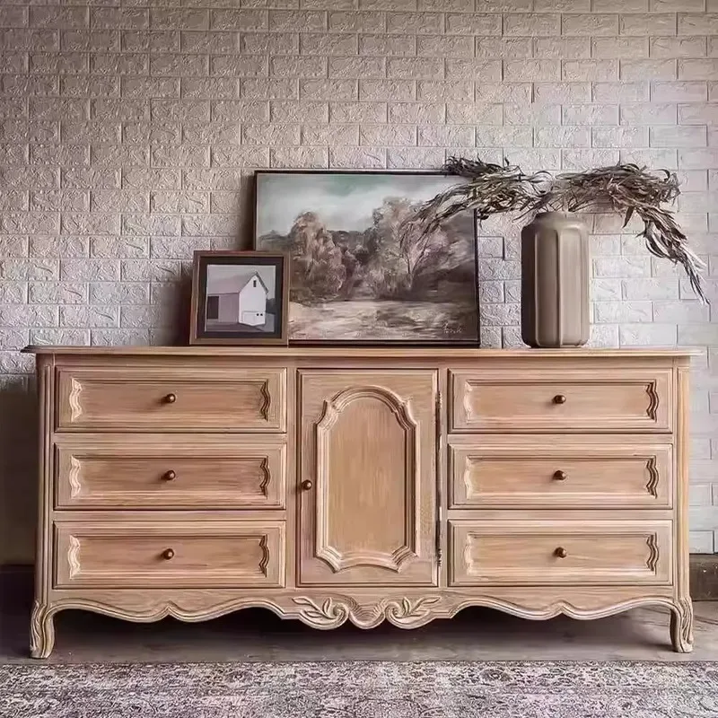 French retro solid wood dresser with American imitation old carved wall-mounted living room locker