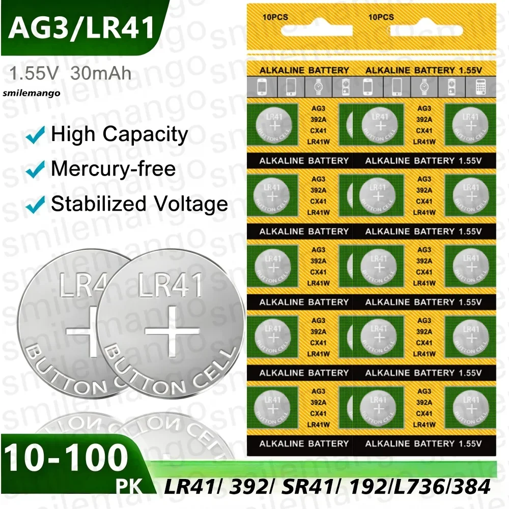 Alkaline Button Cell Battery LR41 AG3 1.5V 10-100 Pieces SR41 392 L736 Replacement for Watch Toy Small Electronics