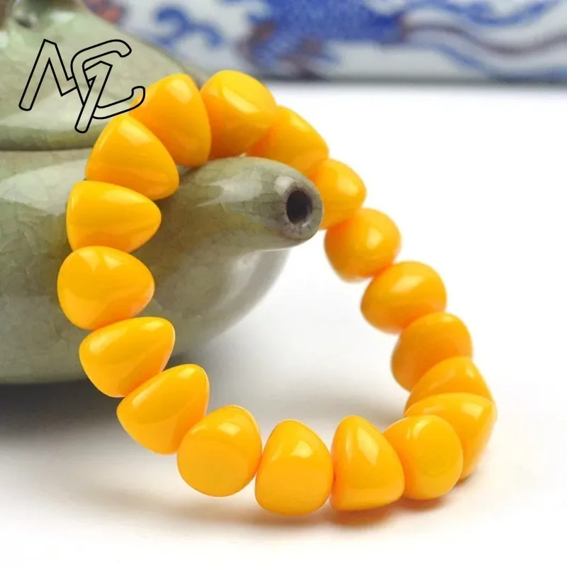 Fashion Chinese 15*13mm Yellow Beeswax Beads Amber Elastic Bracelet Men Women Mala Meditation Jewelry Luck Gifts New