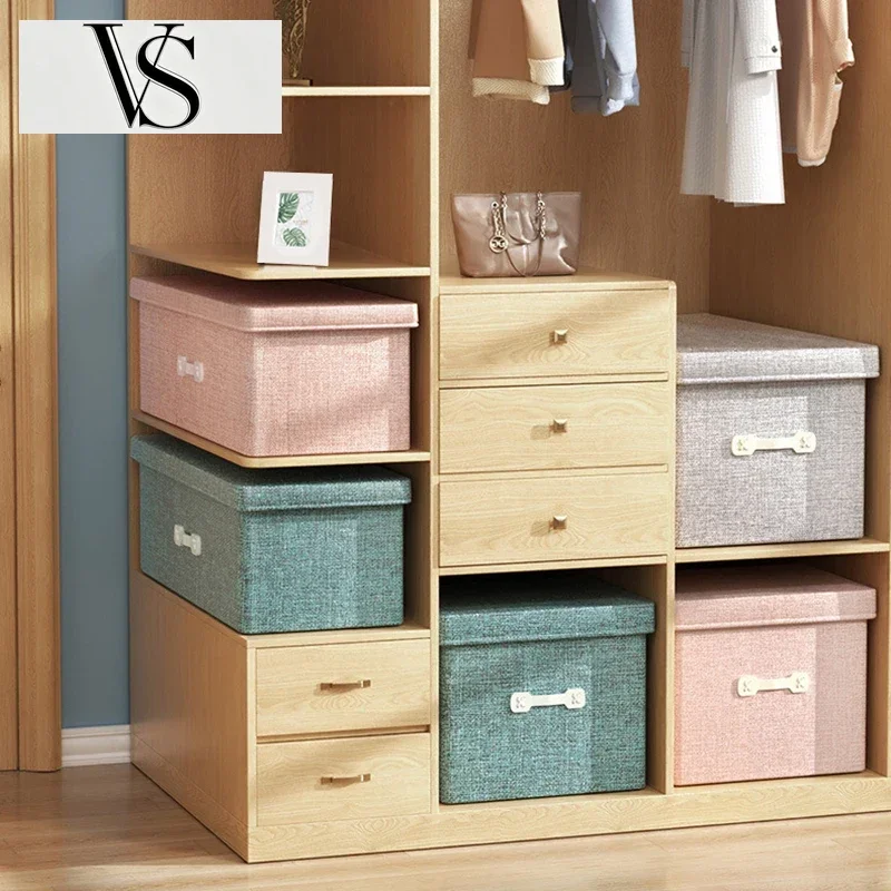 Closet Books Drawer Clothes Toys Sundries Organizer Quilts Laundry Basket for Wardrobe Linen Cotton Folding Storage Box with Lid