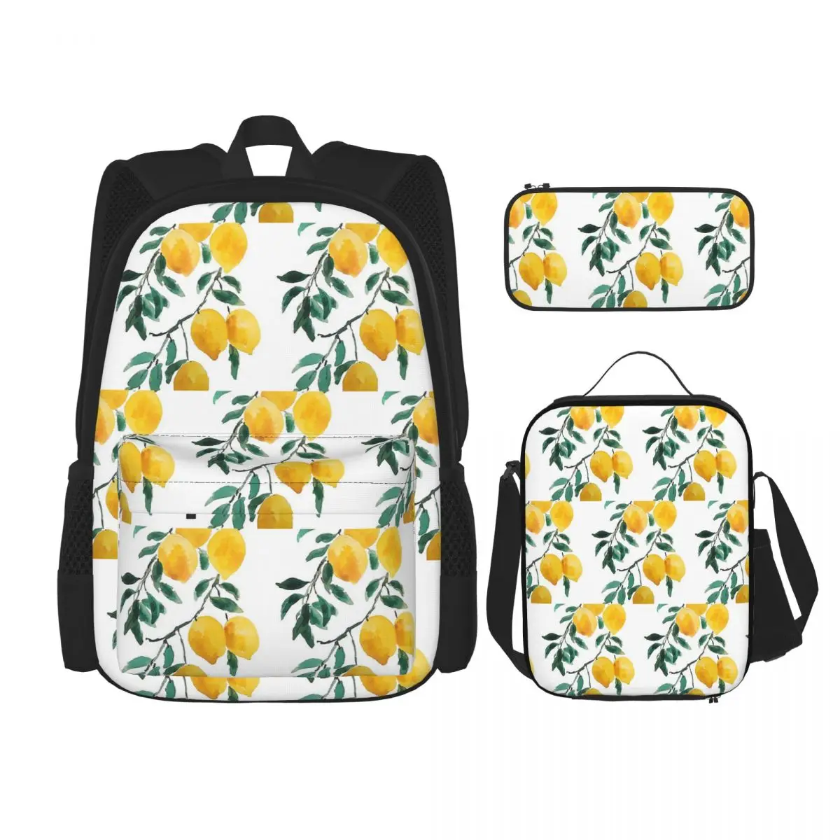 Hand Painted Yellow Lemon Watercol Backpacks Children Bookbag School Bags Rucksack Lunch Bag Pen Bag Three-Piece Set