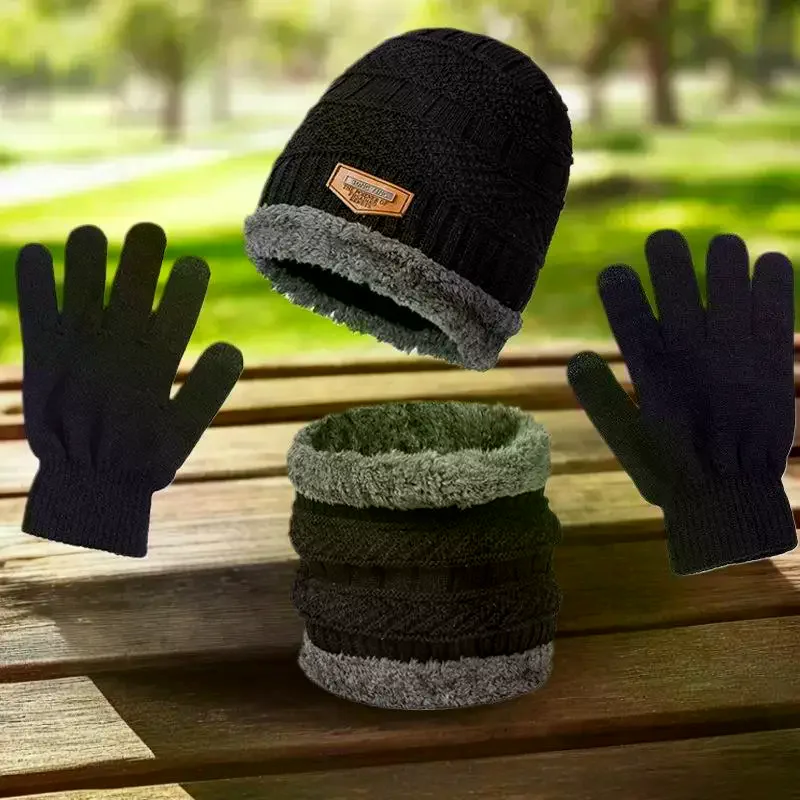 طقم قبعات شتوية للرجال مكون من 3 قطع، قفازات وشاح لتدفئة الرقبة، الكل في واحد، قبعة محبوكة مبطنة بالصوف