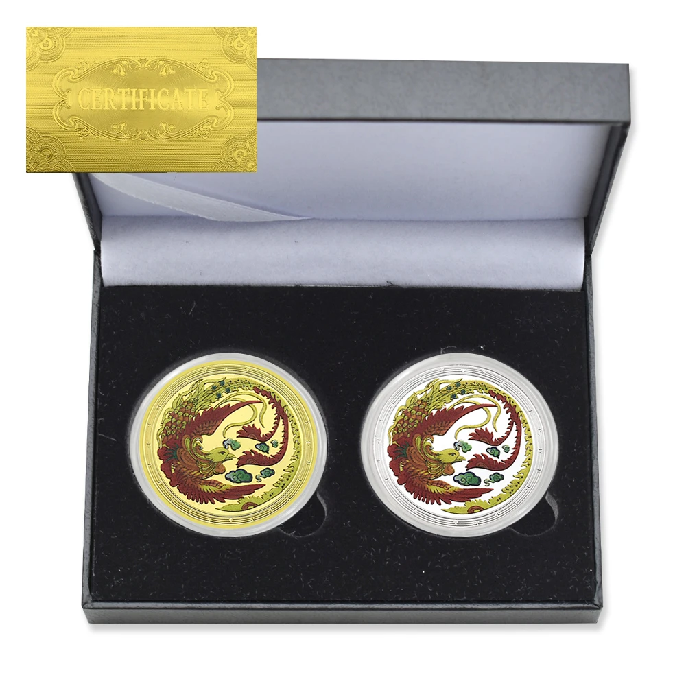 

2pc/box China Phoenix Commemorative Coins Metal Crafts Lucky Challenge Coins with Certificates and Gift Boxes Collectibles Gifts