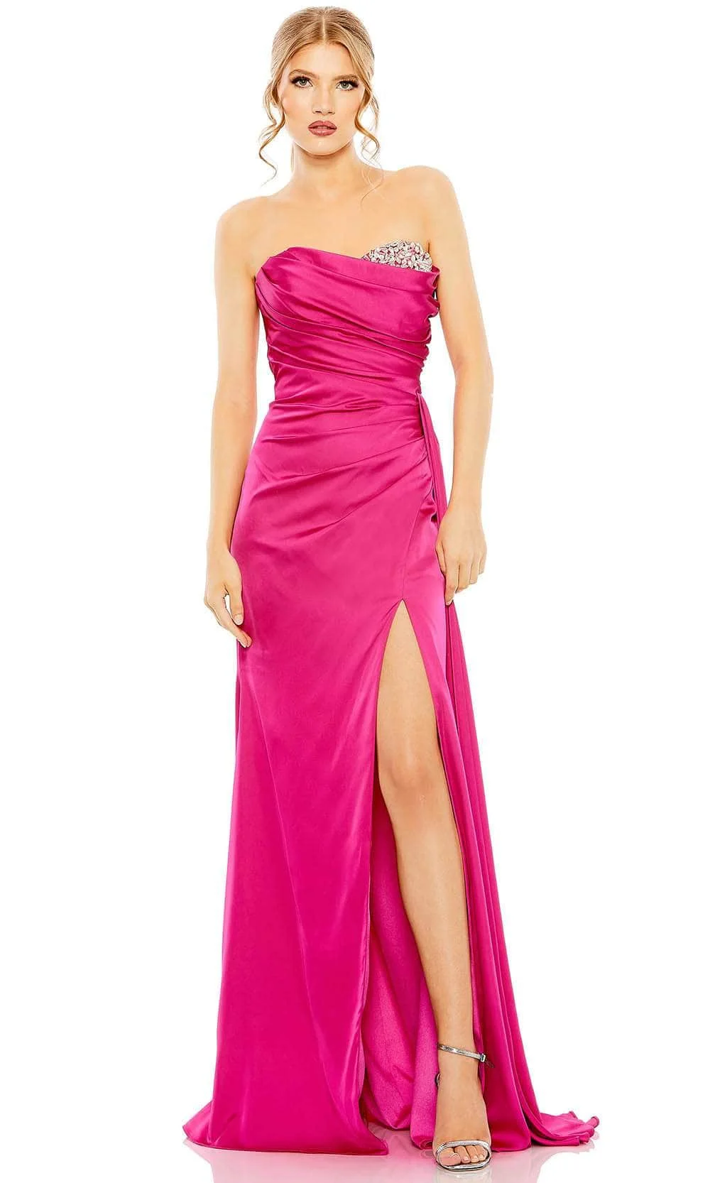 

Satin Sweetheart Strapless Graduation Dresses With Crystal Elegant Backless High Split Pleats Ruched Evening Dress Cocktail Gown