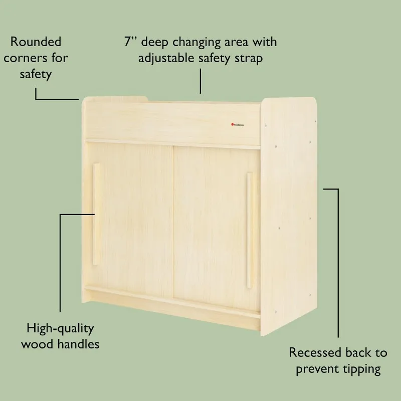HOME.SafeGlide Fasciatoio per asilo nido, Costruzione in legno resistente, Scaffalature integrate per ampio spazio di archiviazione, Porte scorrevoli