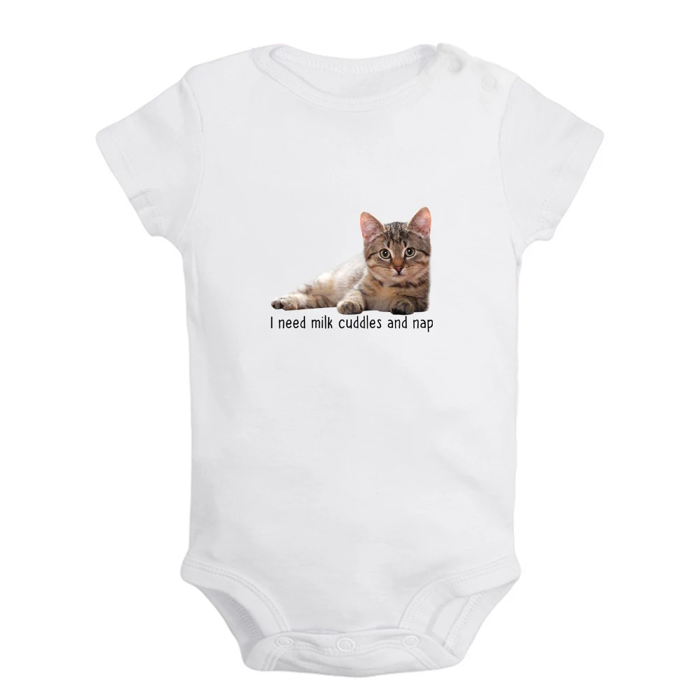 

I Need Milk Cuddles And Nap Cute kitten Baby Rompers Baby Boys Girls Fun Little Cat Print Bodysuit Infant Short Sleeves Jumpsuit