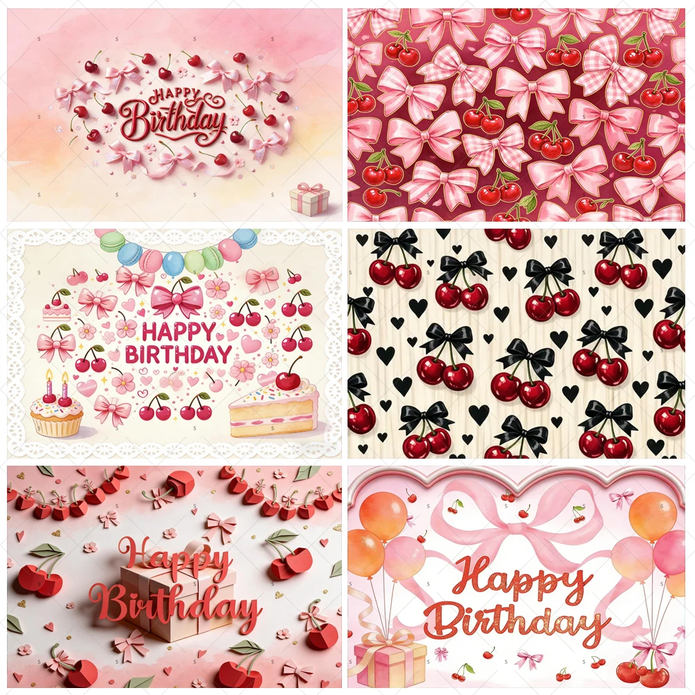 

Pink Cherry Theme Happy Birthday Party Decorations Backdrop Cherries Butterfly Bow Sweetheart Girl Banner Baby Shower Supplies