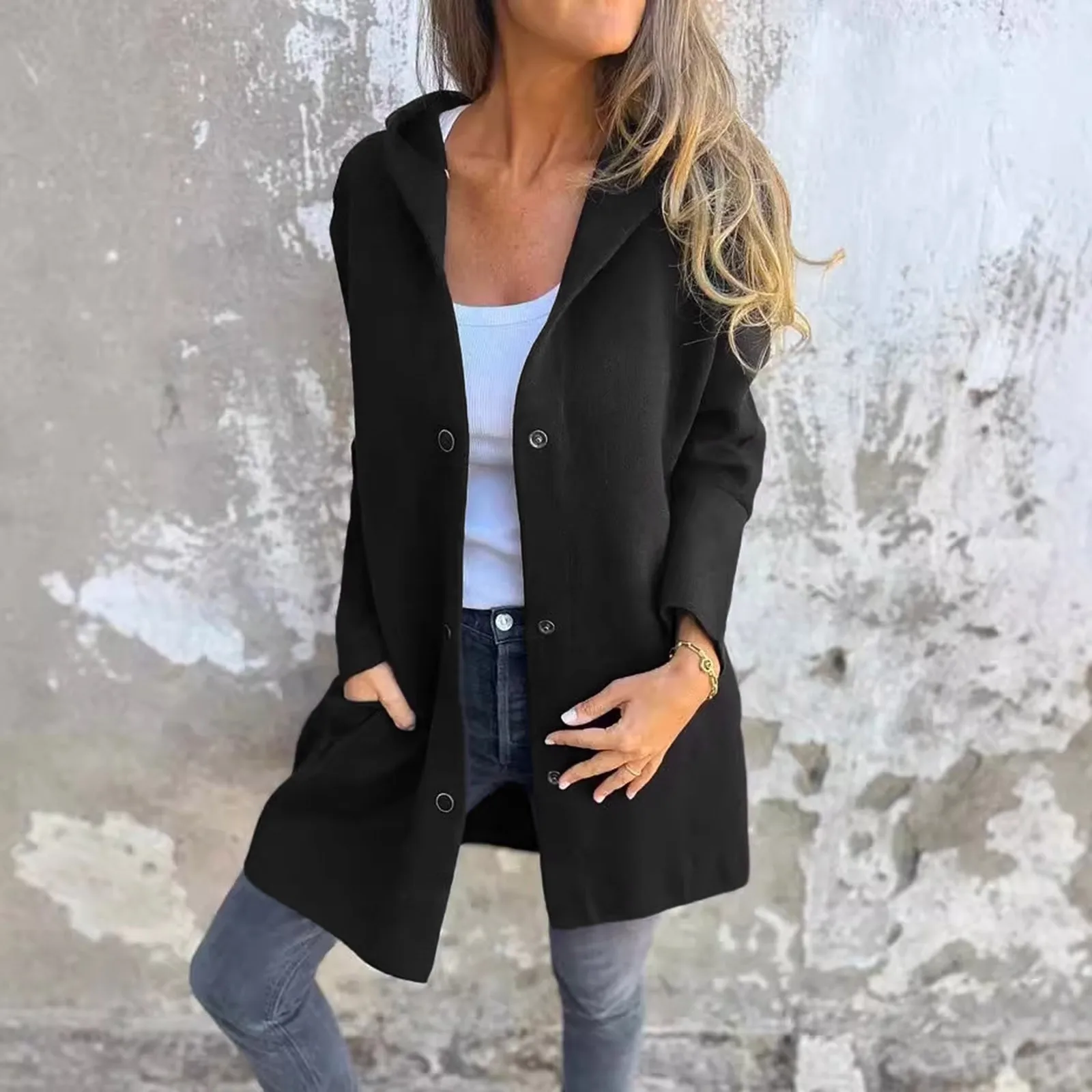 

Women's Jacket Spring Casual Solid Color Straight Single Breasted Hooded Top Outerwears Autumn Long Sleeve Pocket Cardigan Coats