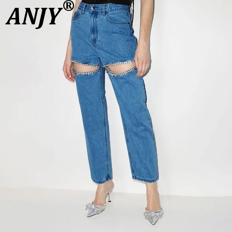 

ANJY Summer New Women Trendy Chic Jeans Hollow Out Studded Diamonds Vintage Elegant Fashion High Street Casual Denim Pants A9197
