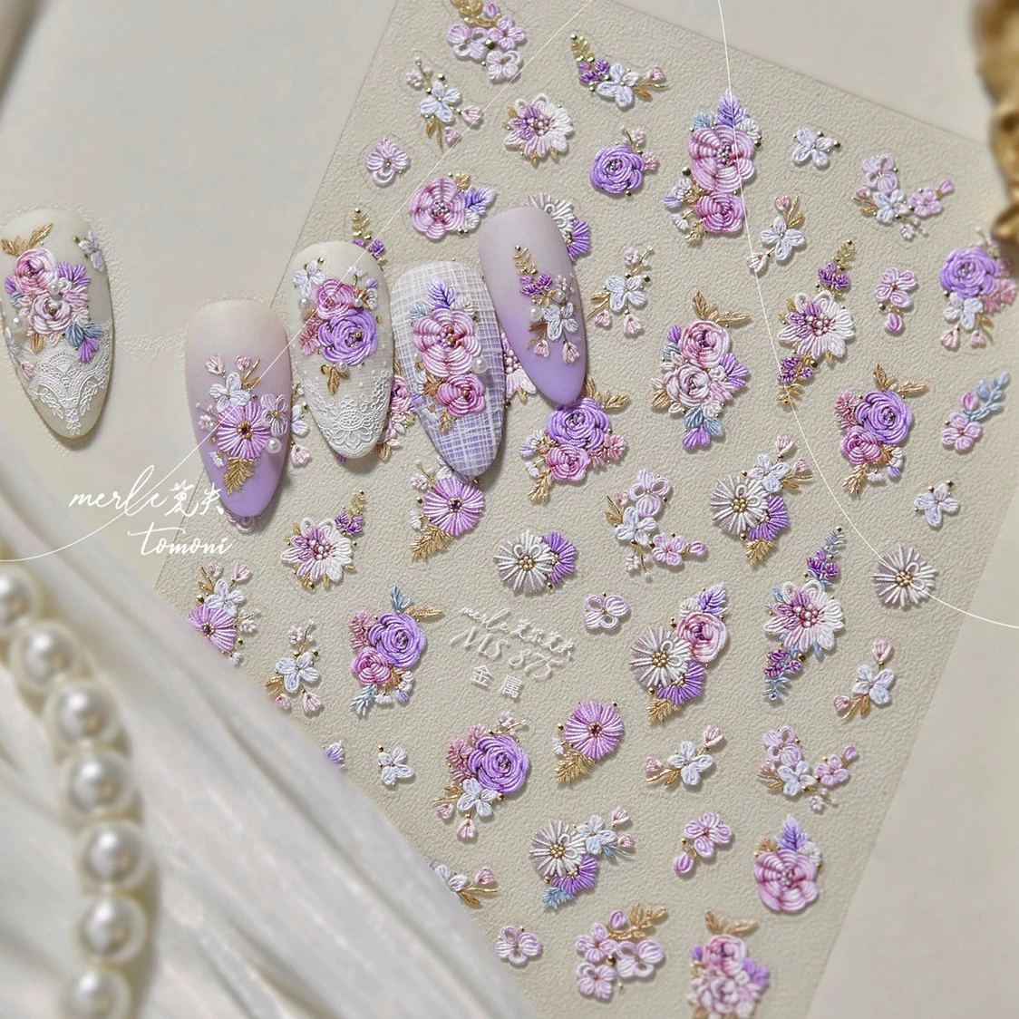 Classical Pink Blue White Embroidery Flower Bright-colored Blossom Geometry DIY Nail Art Stickers Chinese Style Manicure Decals