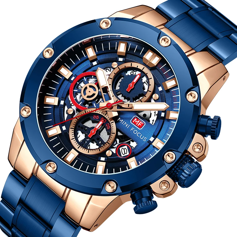 

MINI FOCUS MF0398G Sports Fashion Watches Men Chronograph Waterproof Blue Stainless Steel Band Quartz Watch