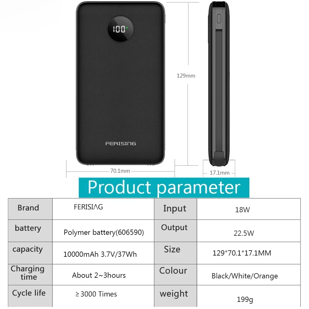 FERISING Built-in Cable Power bank 4A 5A VOOC Charger 10000mAh Portable Battery PD 20W/22.5W Powerbank for Oneplus 7 8 9 10 11 t