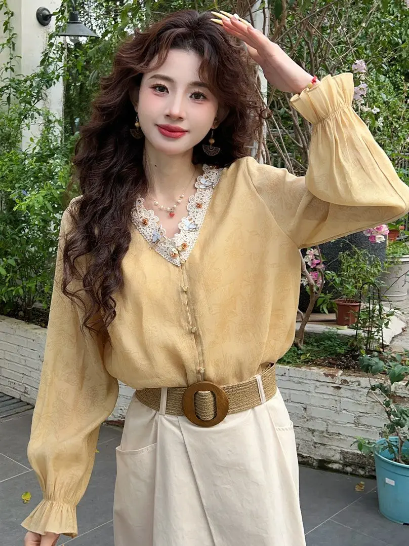 

French Vintage V-neck Long-sleewomen Ve Blouse for Spring New Style, Hong Kong Style Shirt Loose Temperament Top