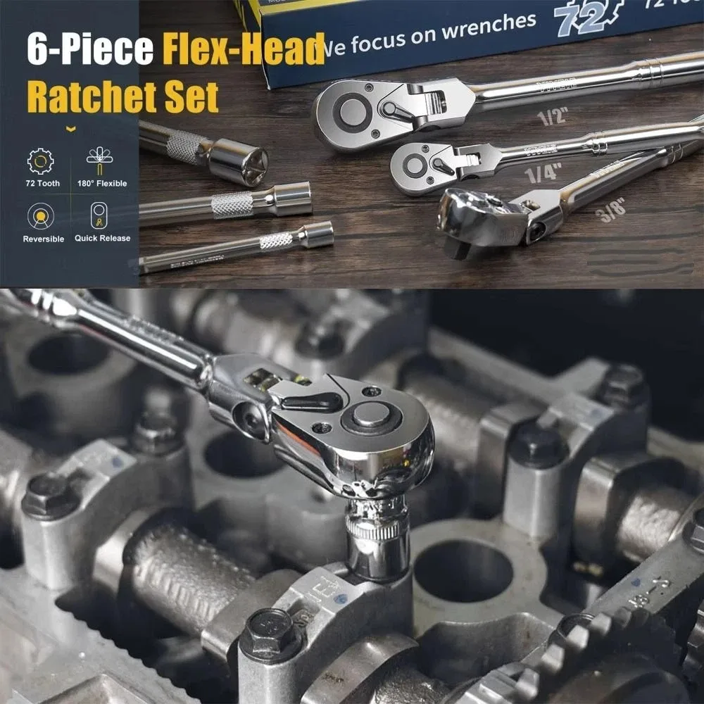 

72 Tooth Flex Head Ratchet Set Rubber Grip 180° Swivel Head Ratchet Wrench Flex Head Design Adjustable Adjustable Ratchet Wrench
