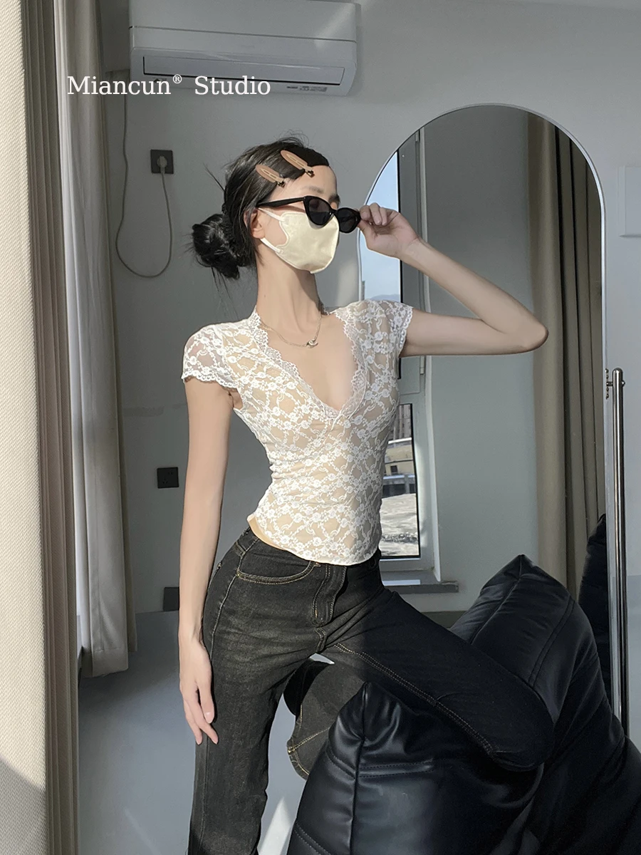 Korean Style Lace Trim Slim Fit Short Sleeve V-Neck Base Shirt Transparent Design Sexy Girl T-Shirt Top Cotton Village Brand