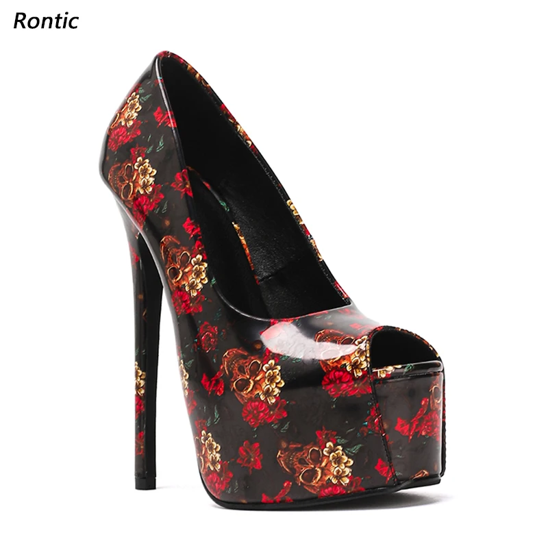 

Rontic Artisan Crafted Women's Skull Pattern Platform Sandals - Peep Toe High Heel Shoes with Gothic Design US Size 35-42