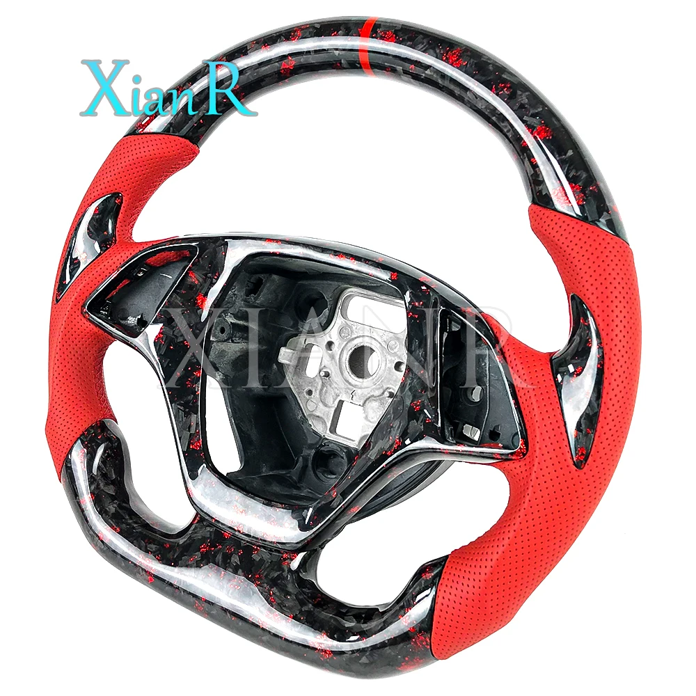 Red forged carbon fiber steering wheel for Chevrolet Corvette C7 Camaro cars accessories custom red perforated leather