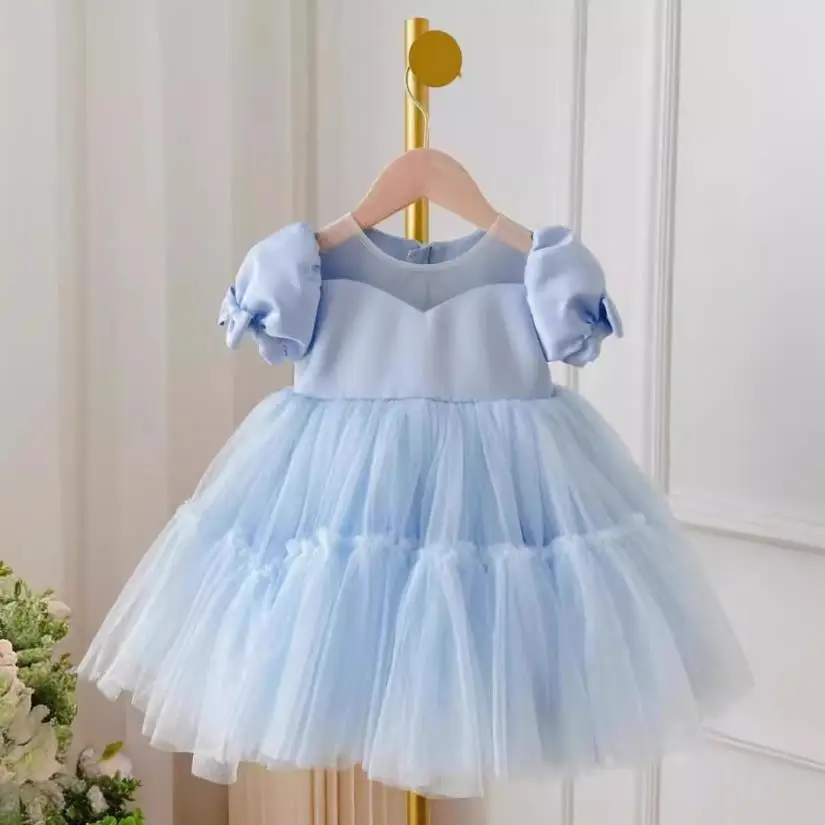 2024 New Children's Blue Evening Gown Host Performance Birthday Girls Party Dresses A4003 Vestidos Bridesmaid Dresses