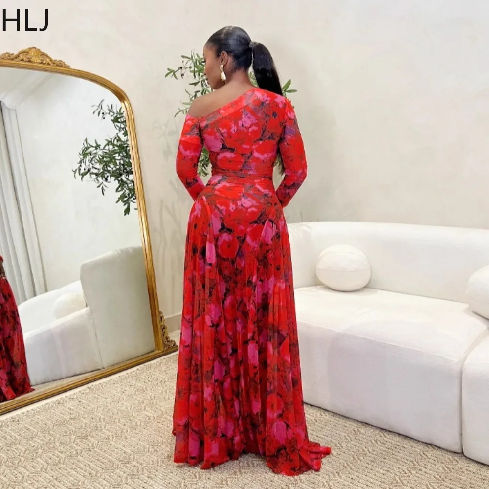 HLJ エレガントなカラー印刷ボディコンロングドレス女性斜め肩長袖弾性ドレス女性オフィス Vestidos 2025