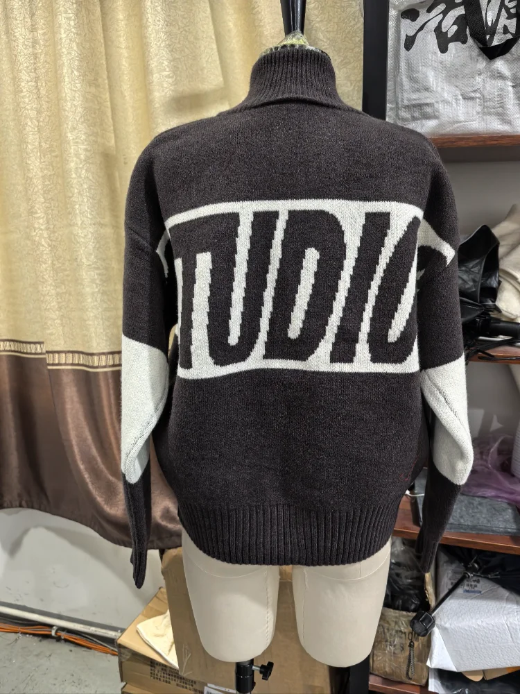 Herbst Vintage Strick-Kurzpullover für Damen, Schicker Doppelreißverschluss Hochkragen Patchwork-Cardigan, Neuer Pendler-Streetwear-Stil – Detail 9
