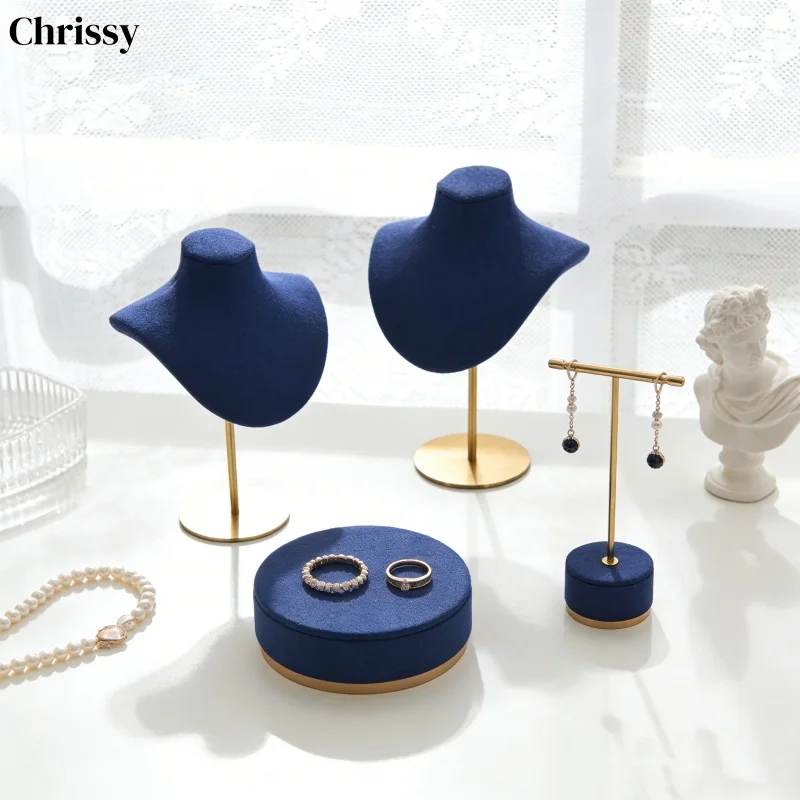 

Neck Mannequin Display, Suede-Covered Metal Jewelry Bust with Gold Base, Premium Store Window Presentation Stand