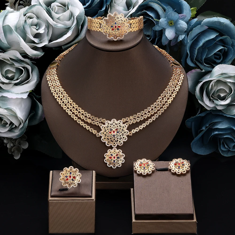 HIBRIDE New gorgeous gold color necklace, earrings, bracelets, women's dress jewelry suitable for wedding holiday gifts, S-1024