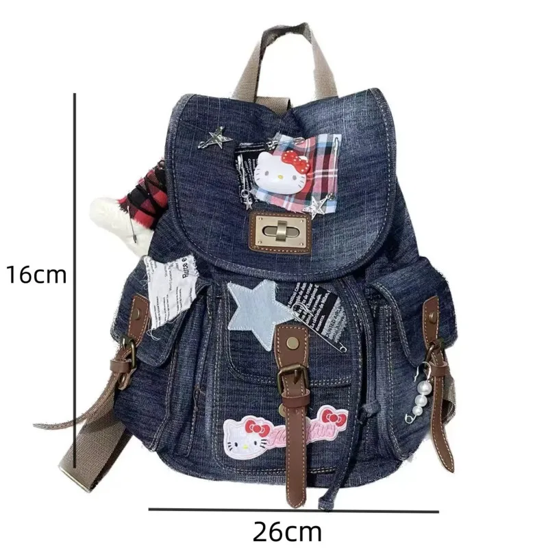 MINISO Denim Hellokitty Y2k Backpack Girls Patchwork Plush Bone Cute Bag Large Capacity Collage Student Bookbag Women\'s Backpack