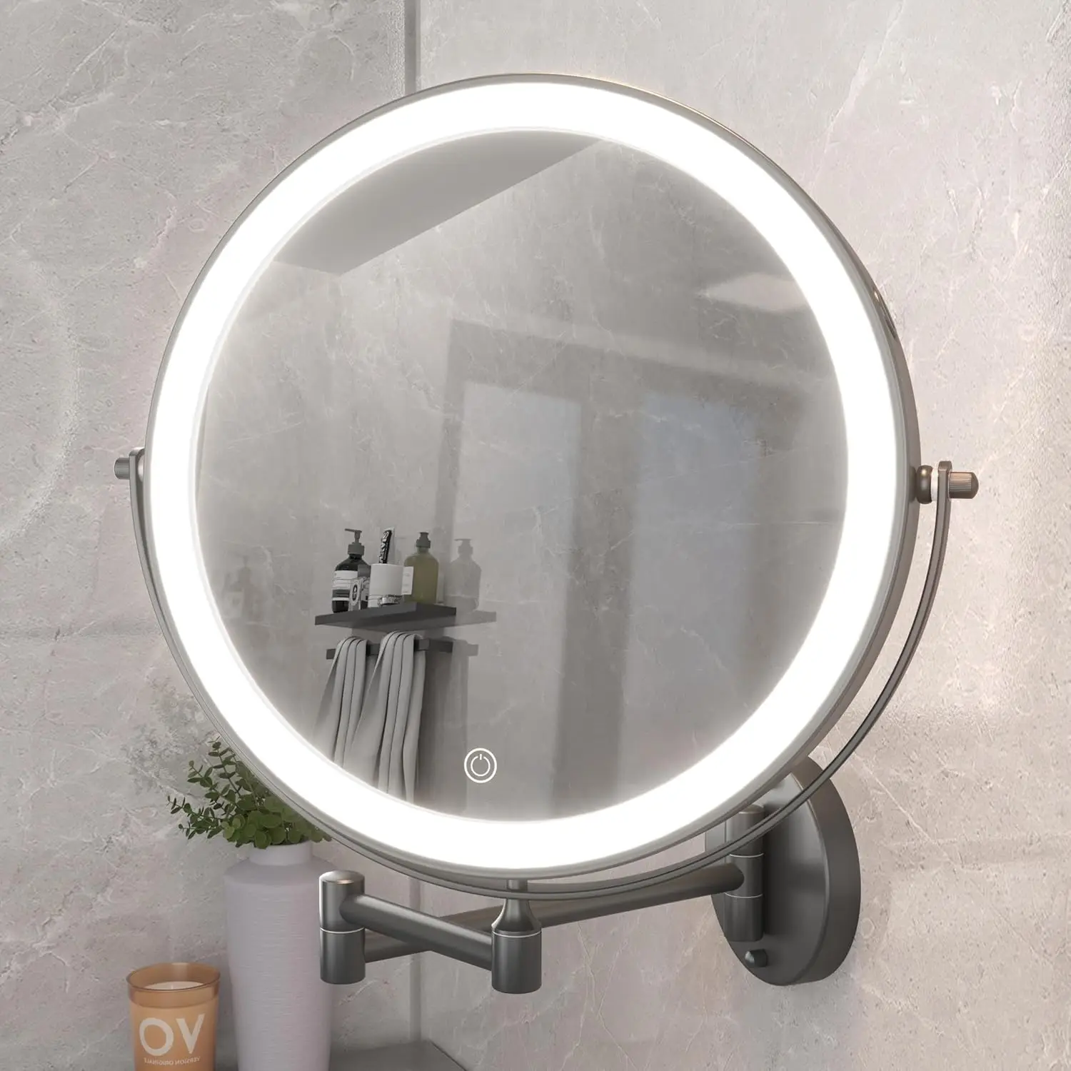

10-Inch Wall Mounted Makeup Mirror with Magnification, Rechargeable LED Vanity Mirror, Dimmable Lights, Extendable Arm