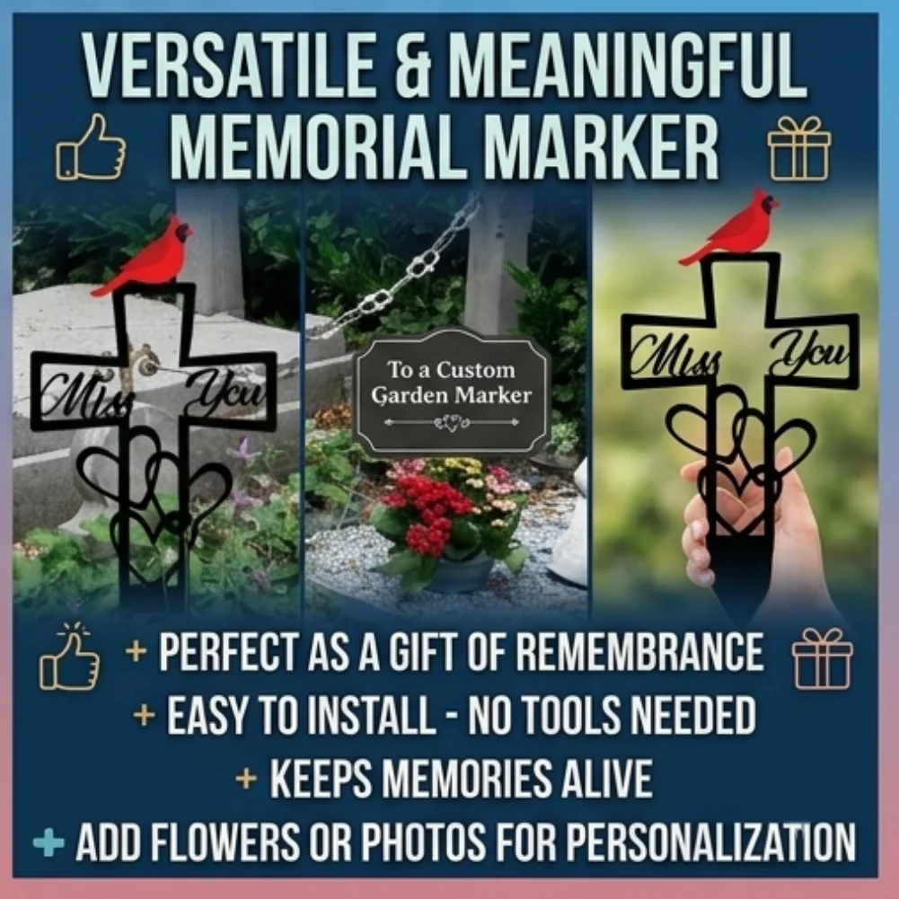 Cemetery Grave Marker Memorial Plaque Iron Flower Decor Garden Stake for Loved Ones Outdoor Yard Patio Decoration 30cm