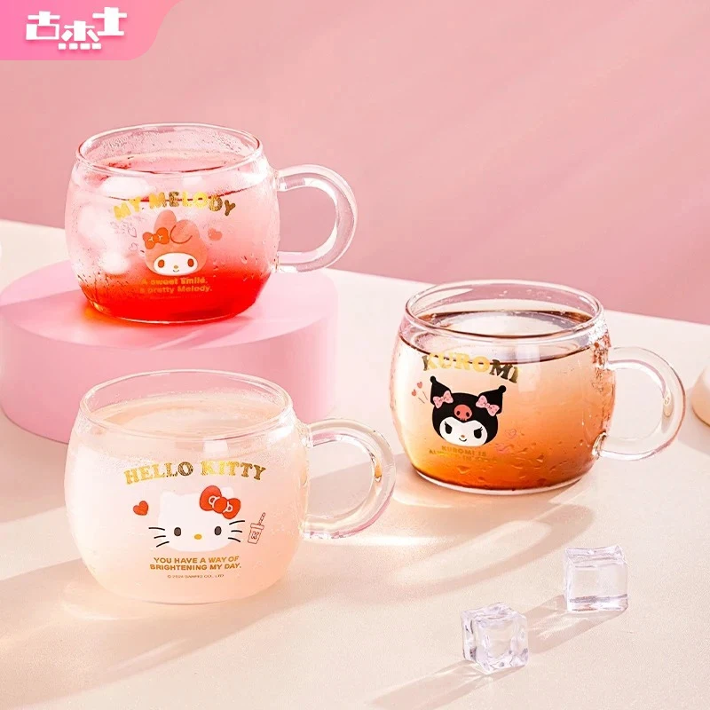 Für Sanrio 400 ml Wasserbecher aus Borosilikatglas mit Griff für Kuromi Hello Kitty Printing Home Milchsaftbecher für Kinder