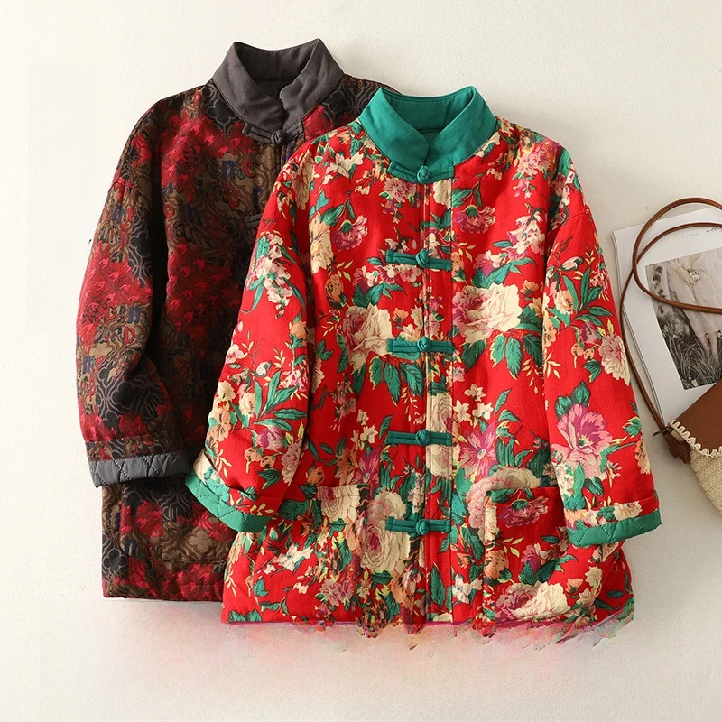 

Thiened Хлопковая куртка с пуговицами Этническая теплая зимняя верхняя одежда Свободная одежда Materni на одной пуговице Long Sve