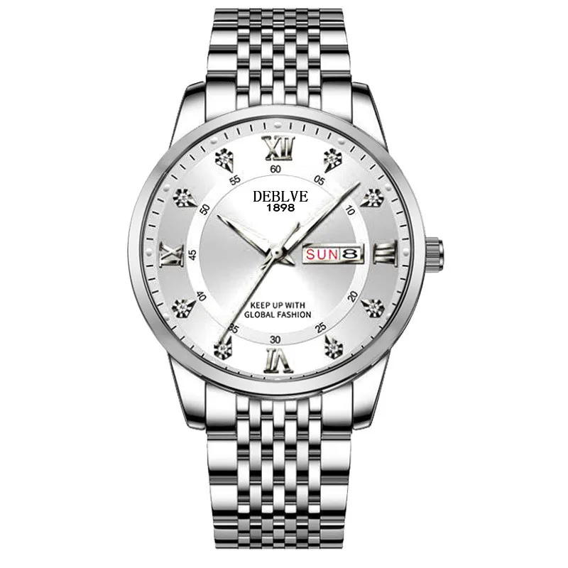 남성용 시계 스테인리스 정교한 버튼 숨겨진 버클 발광 달력 중국어 영어 스포츠 시계