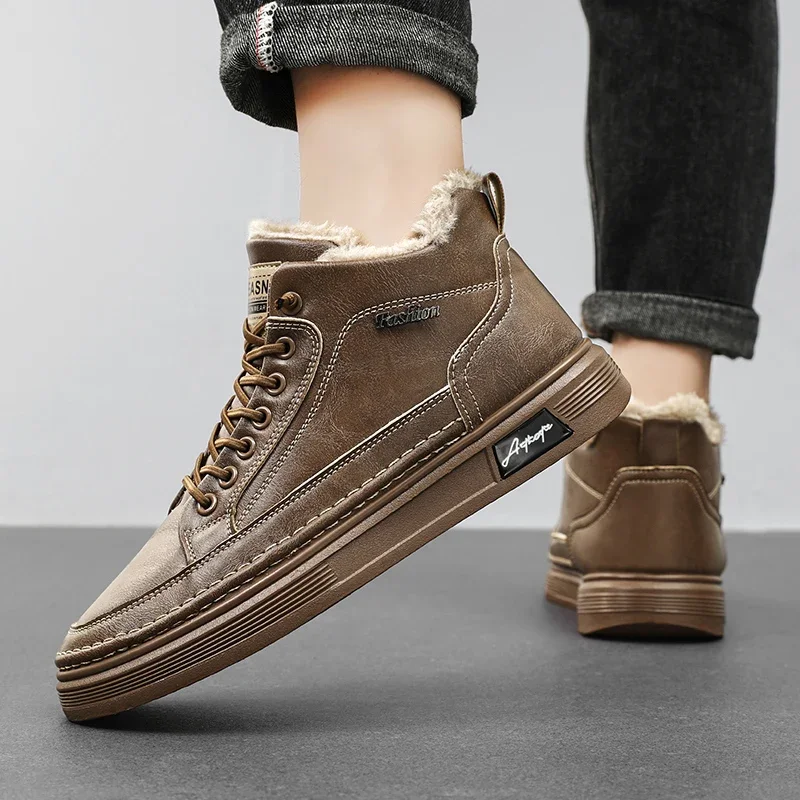 

Men Boots Winter High Top Leather Shoes Plush Keep Warm Ankle Boots Business Casual Outdoor Shoes Male Sneakers Zapatillas Male