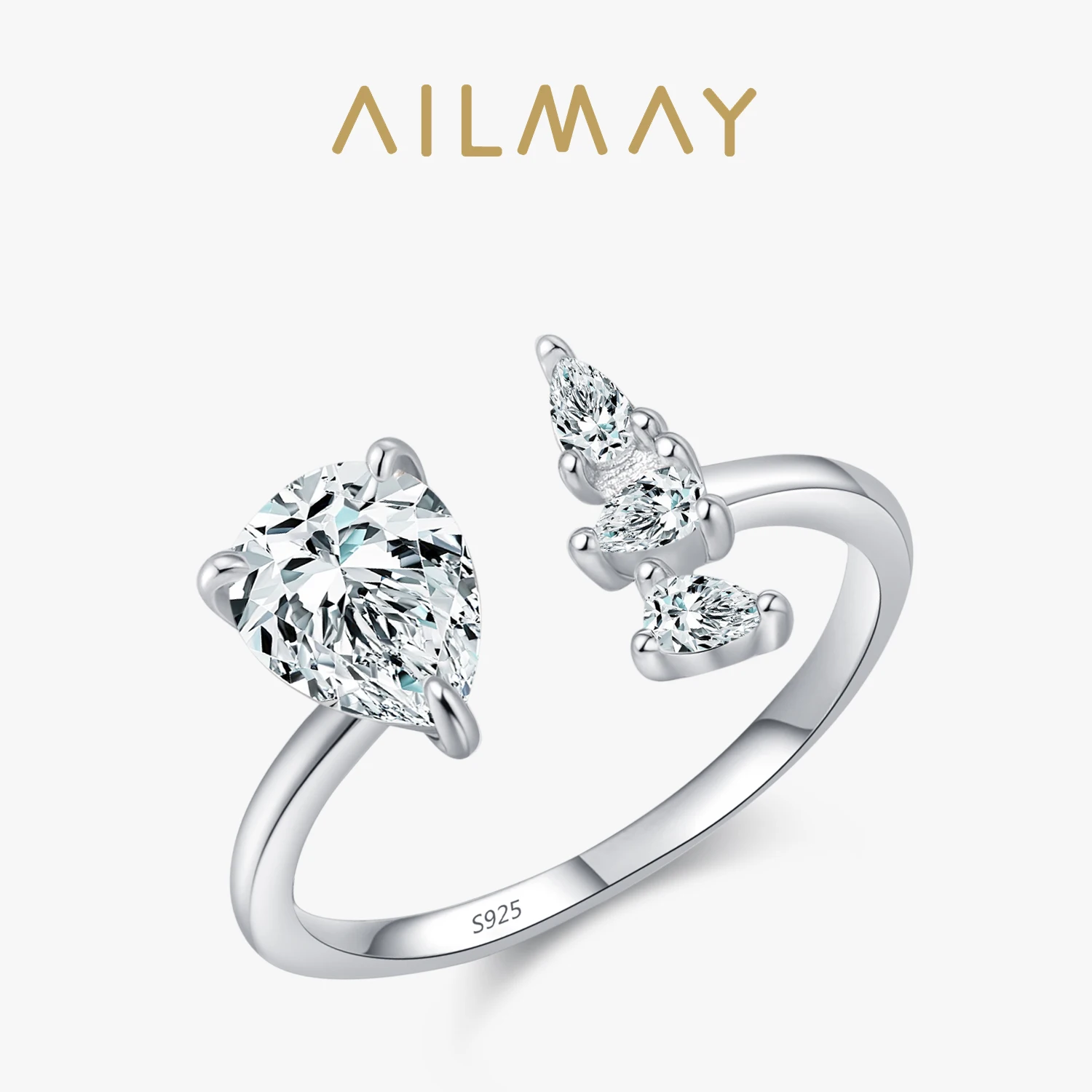 

Ailmay Genuine 925 Sterling Silver Exquisite Pear Zircon Open Rings for Women Luxury Engagement Jewelry Gift