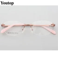 Women Rimless Eyeglass Frames for Women Metal Eyeglasses Frame Female Square Oval Fashion Stainless Steel Rx Eyewear Glasses