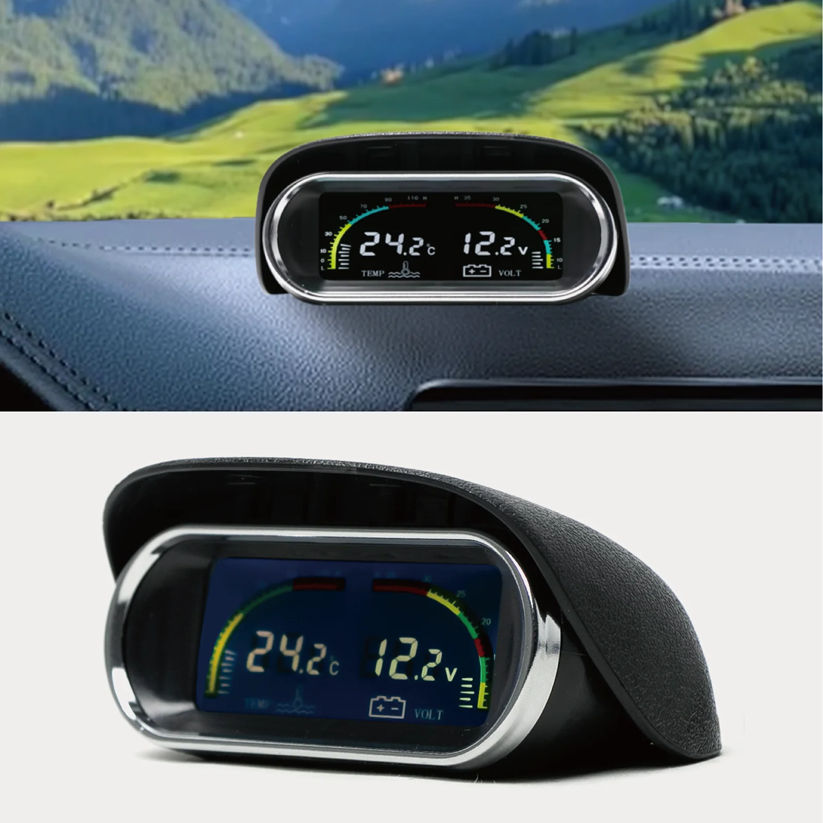 

12/24V Car 2in1 Water Temp Gauge Voltmeter with 26-36MM Adapter 10mm NPT 1/8 Water Temperature Sensor -10~110 Celsius