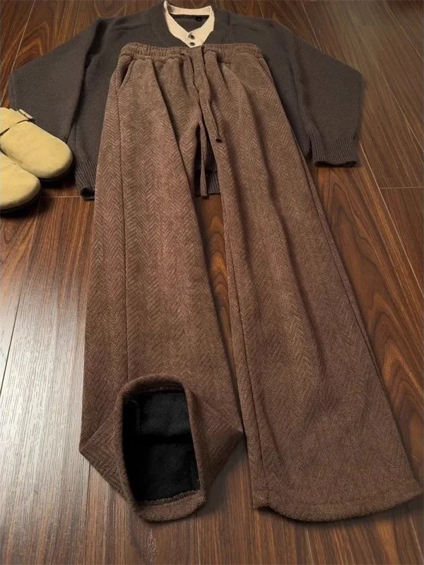 

Men's Autumn Winter Thiened Knitted Fce Lined Wheat Ear Pattern Straight Leg Casual Pants Retro American Sle Leisure T...