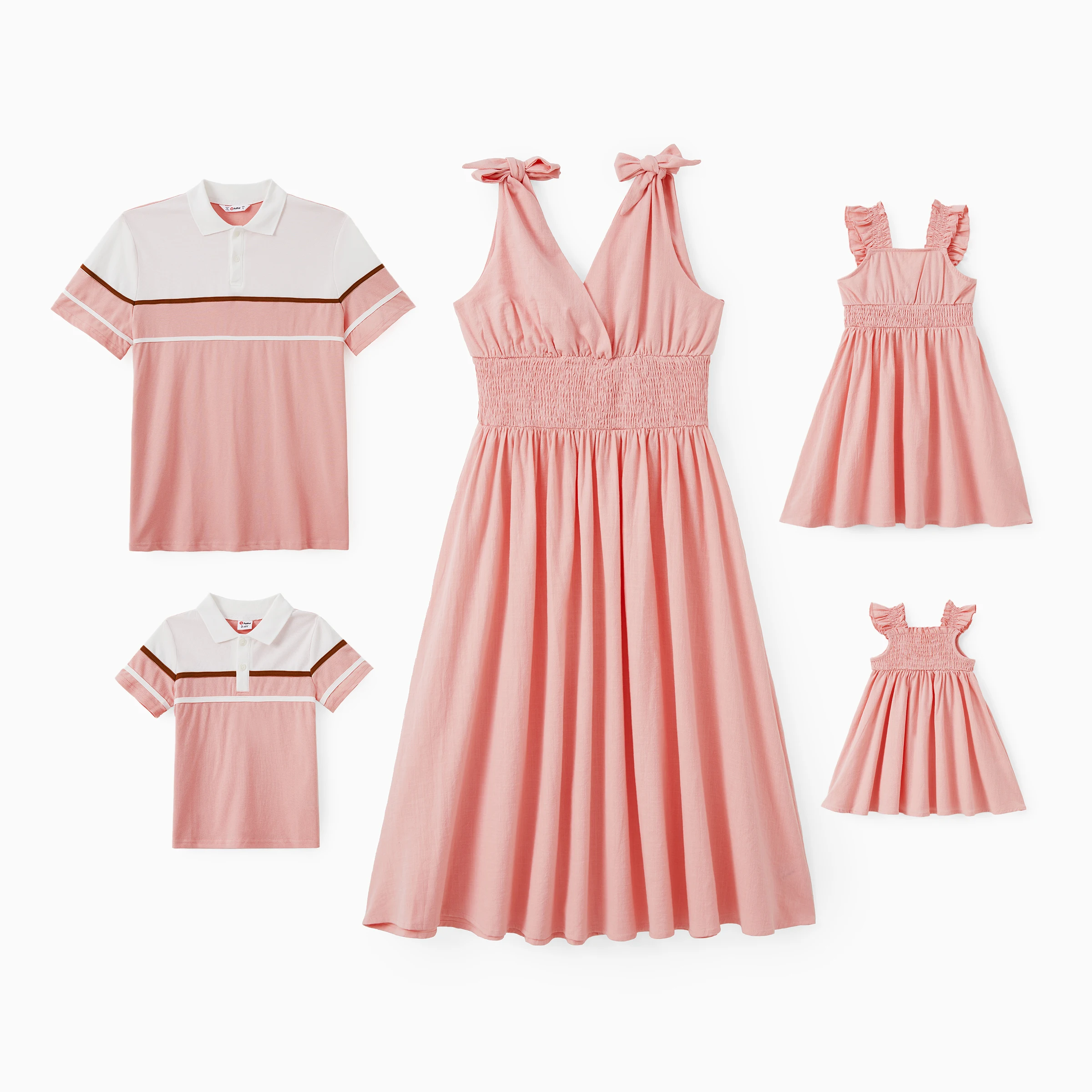 

PatPat Family Matching Sets Color Block Polo Shirt or Pink Shoulder Tie Shirred Waist A-Line Dress