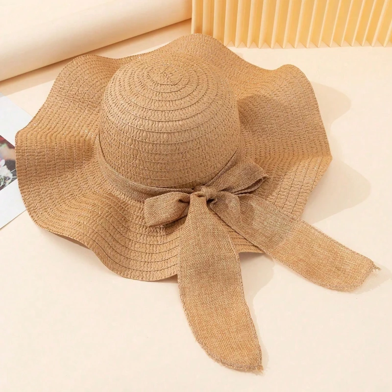 1pc Ladies' Khaki Wave Striped Bowknot Beach Hat,Boho Shell HollowElegant and Sun-Protected for Beach Vacation,Mother's Day