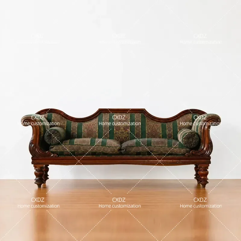 British Medieval Retro Solid Wood Carved 3 Seater Sofa with Striped Fabric Cushions Living Room Furniture Customizable