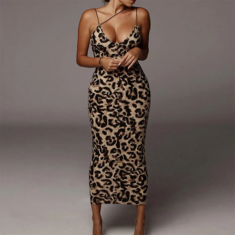 Hawthaw Women Party Club Evening Streetwear Leopard Bodycon Midi Dress 2024 Summer Fashion Sexy V-neck Halter Slip Dress