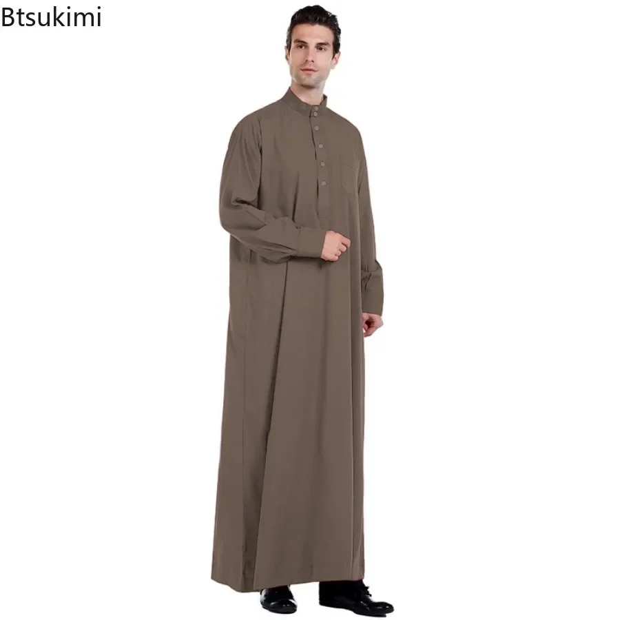 2025 Muslim Fashion Abayas for Men Solid Color Long Sleeve Kaftan Stand Collar Robe Thobe Jubba Dishdasha Thawb Islamic Clothing